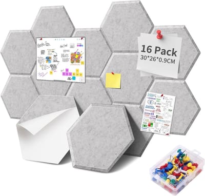 16 Stuks Hexagon Vilten Prikbord Kurkplaat, 30x26x0.9cm Zelfklevende Kurk Prikborden, Foto-Display-Tafel Wanddecoratie voor Foto's Memos, met 70 Pinnen, Zilvergrijs