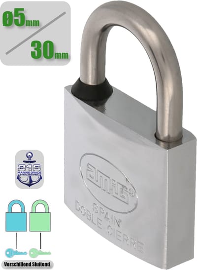 AMIG Hangslot met Sleutel Klein RVS Ø5/30mm - Standaard Beugel Buiten Weerbestendig