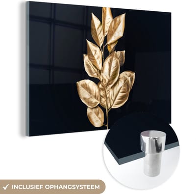 MuchoWow® Glasschilderij 150x100 cm - Schilderij acrylglas - Plant - Bladeren - Goud - Zwart - Luxe - Foto op glas - Schilderijen