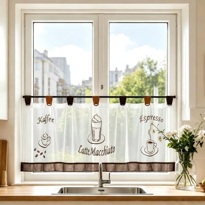Vitrage, voile gordijn met lussen, zonder boren, transparant, decoratie voor keuken, eetkamer, wit, bruin, h x b 60 x 150 cm, 1 stuk