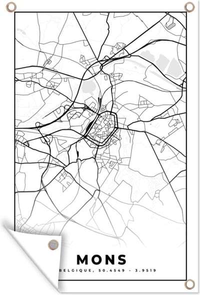 Muurdecoratie Kaart – Plattegrond – Stadskaart – Mons – België – Zwart Wit - 120x180 cm - Tuinposter - Tuindoek
