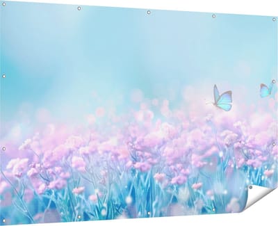 Gards Tuinposter Twee Blauwe Vlinders bij Roze Bloemen - 180x120 cm - Tuindoek - Tuindecoratie - Wanddecoratie buiten - Tuinschilderij