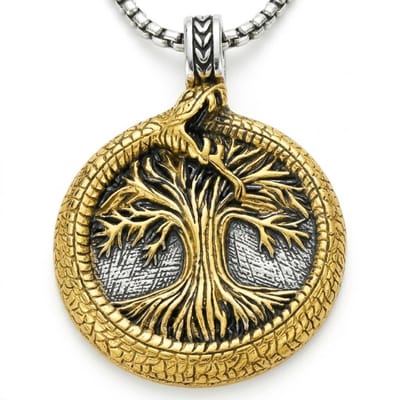 Goudkleurige ketting met levensboom en slang hanger voor heren – Viking stijl – ouroboros symbool – ronde hanger