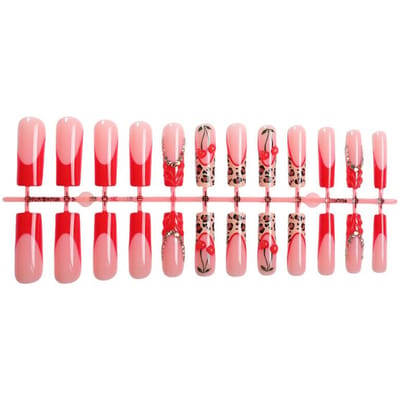 24 Stuks Franse Manicure Nageltips, Rechthoekig, 3D Lijnkunst, Luipaardprint Decoratie, Rood Strikje & Strass Ontwerp, Volledige Dekking Kunstnagels pink