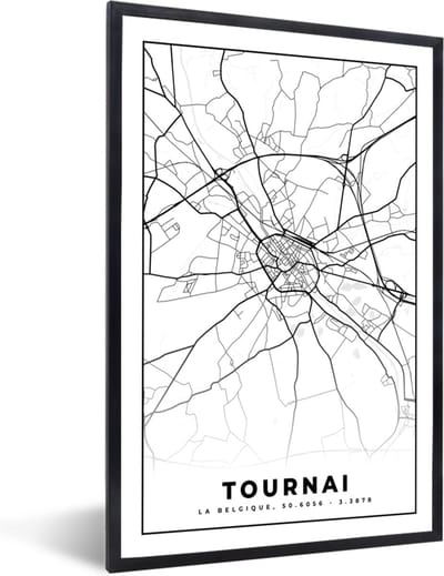 Fotolijst incl. Poster Zwart Wit- Zwart Wit – België – Plattegrond – Stadskaart – Kaart – Tournai - 40x60 cm - Posterlijst