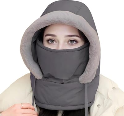 Warme bivakmuts voor dames, dikke zachte balaclava met trekkoord, 3-in-1 skimuts met nekwarmer - 100% polyacryl - donkergrijs