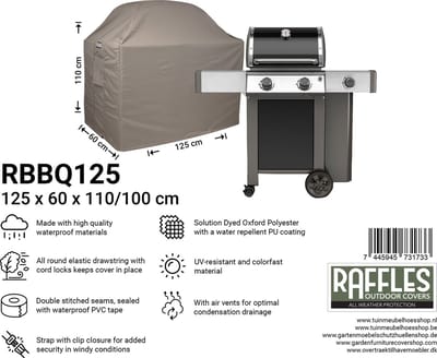 Raffles Covers BBQ hoes - 125 x 60 H: 110 cm - RBBQ125 - Waterdicht - Ademend - UV-bestendig - Elastisch rijgkoord - Beschermhoes tuinmeubelen