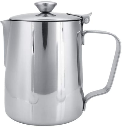 Dailygoods- Melkopschuimkan 350ml - Roestvrij Staal - Druppelloze Uitloop - Ergonomische Handgreep - Deksel - Veilig en Duurzaam - Melkkan