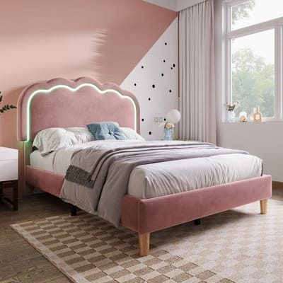Gestoffeerd kinderbed van 90x200 cm met ledverlichting - Eenpersoonsbed voor meisjes - Tienerbed - Met in hoogte verstelbaar hoofdeinde en lattenbodem - Roze fluwelen prinsessenbed (matras niet inbegrepen)