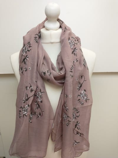 Lange dames sjaal Kirsten-gebloemd motief-oud roze wit zwart