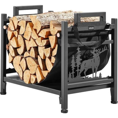 Porte-bûches d'intérieur, Support de bûches incurvé de 45 cm avec porte-en toile, Support de stockage du bois capacité de poids 18 kg, Porte-bûches en acier thermolaqué, Lourd