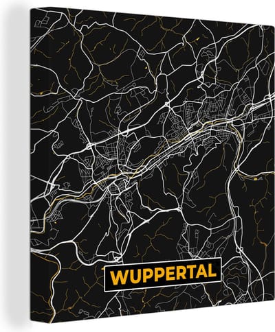 Canvas Schilderij Wuppertal - Goud - Kaart - Stadskaart - Plattegrond - Duitsland - 20x20 cm - Wanddecoratie