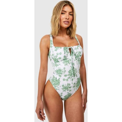 boohoo Dames Badpak met bloemenprint en geplooide details | Groente | Maat: 40
