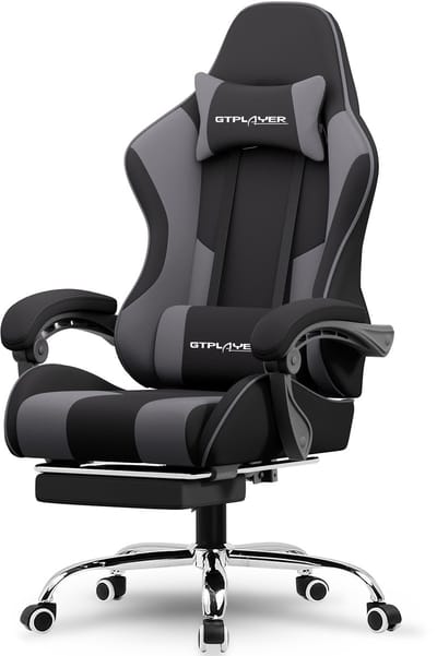 GTPLAYER Gamingstoel 135° verstelbaar, ergonomisch, met uitschuifbare voetsteun - Grijs stof