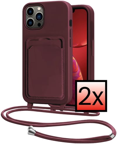 Hoes Geschikt voor iPhone 13 Pro Hoesje Pasjeshouder Cover Met Koord Case Siliconen Hoes Met Telefoonkoord en Kaarthouder - Aubergine - 2 PACK