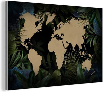 Wanddecoratie Metaal - Aluminium Schilderij Industrieel - Wereldkaart - Zwart - Bladeren - 180x120 cm - Dibond - Foto op aluminium - Industriële muurdecoratie - Voor de woonkamer/slaapkamer