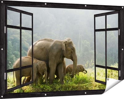 Gards Tuinposter Doorkijk Olifanten Familie in de Jungle - Olifant - 150x100 cm - Tuindoek - Tuindecoratie - Wanddecoratie buiten - Tuinschilderij