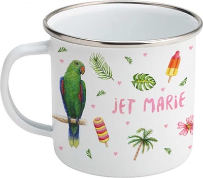 World of Mies emaille mok met naam - handgeschilderde toekan papegaai flamingo - gepersonaliseerd kraamcadeau