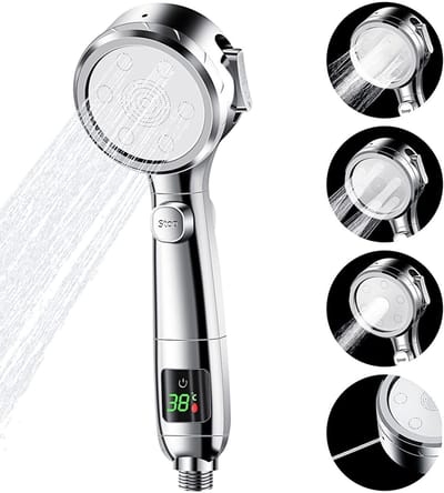 Handdouchekop met LED-temperatuurweergave - Douche met drukverhoging voor thuis - Met digitale temperatuurweergave - Filterfunctie - Stil digitaal display, vier standen, zilverkleurig - Waterbesparend - Ingebouwde batterij