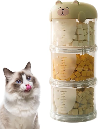 Voerbak voor huisdieren - Snackdispenser voor katten - Drielaags - Geschikt voor voer en snacks - Met hersluitbare deksel - Verzegeld en vochtbestendig, geschikt voor katten en honden om mee te nemen, gebroken wit.