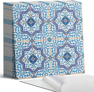 Coloray Plaktegels - Tegelpatroon met ornamenten Zelfklevende Tegels - 20 cm x 20 cm - Blauw Plaktegels - 20 stuks - Vierkant PVC Tegels - Plaktegels Badkamer - Plaktegels Vloer - Vinyl Tegels - Wandtegel Zelfklevend