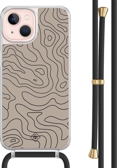 Casimoda® hoesje met zwart koord - Geschikt voor iPhone 13 - Abstract Lines - Afneembaar koord - TPU/acryl - Bruin/beige