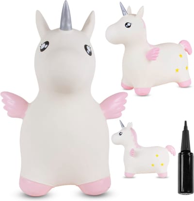 sun baby - Springdier met pomp vanaaf 1 jaar - Eenhoorn - roze met vleugels - max 50kg, duurzaam rubber, gecertificeerd, bpa-vrij, springpaard, springhond