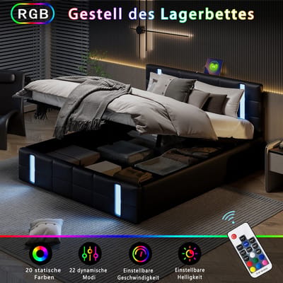 Modern tweepersoonsbed, zwart lederen gestoffeerd bed, 140x200cm modern LED tweepersoonsbed met USB-oplaadpoorten, hydraulisch bedframe, zonder matras (splitsen voor 2 pakketten voor verzending)