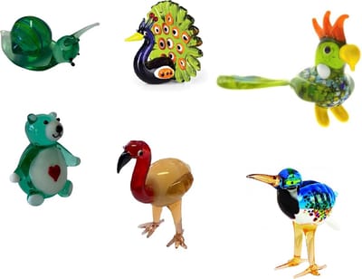 Glazen dieren - Set van 6 - Pauw - IJsvogel - Beertje - Slak - Kakatoe - Flamengo (5-8cm)