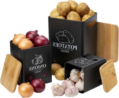Opslagbox voor Aardappelen, Uien en Knoflook - Set van 3 met Bamboedeckel en Ventilatiegaten voor Optimale Versheid