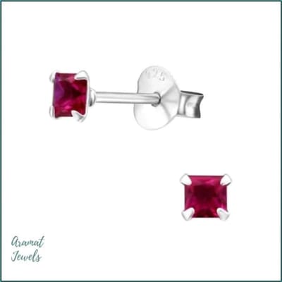 Aramat Jewels | Oorbellen | 925 Zilveren Vierkante Zirkonia Oorbellen 4-8mm - Princess Cut Studs | 3mm / Robijn Rood | | | Zilver | Kinderen, Volwassenen | Verkleurd niet