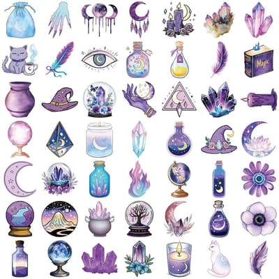 Lot de 50 Stickers Holographiques Magiques de Sorcière Transparents - PET Imperméable pour Scrapbooking Décor Enregistrement de Votre Vie Magasin