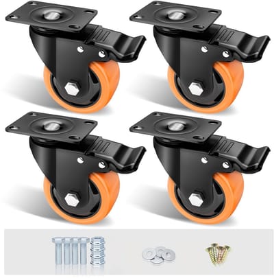 Set van 4 Zware Zwenkwielen 7,6 cm met Rem - Geruisloos en Vergrendelbaar - PU Wielen voor Meubels en Werkbank