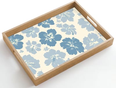 Dienblad hout 50x35 cm - Schootdienblad - Hibiscusbloemen - Blauw - Patroon - Tropisch - Borrelplank rechthoek - Plateau dienbladen
