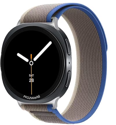 Stravo Trail Loop Nylon Sport bandje - Geschikt voor Samsung Galaxy Watch 9 (40/44mm) / Watch 8 (40/44mm) / 8 Classic (46mm) - Blauw/grijs - Zachte nylon horlogeband met klittenbandje voor Samsung smartwatch