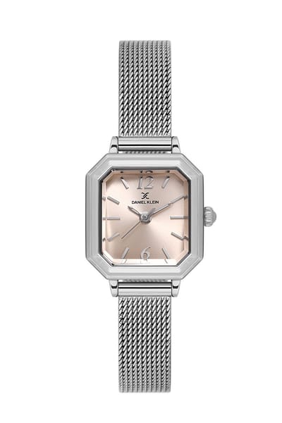 Daniel Klein DK.1.13945-1 - Horloge - Polshorloge - Analoog - Dames - Vrouwen - Milanese/Mesh stalen band - Metaal - Achthoek - Cijfers - Strepen - Zilverkleurig - Lichtroze / Beige - Zwart