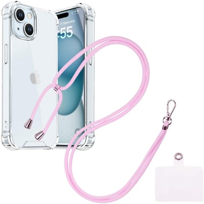 Shock Proof Case Hoes Geschikt voor iPhone 15 Hoesje Transparant Met universele Telefoonkoord lichtroze - Cover - Nek Hanger - Koord Hoes