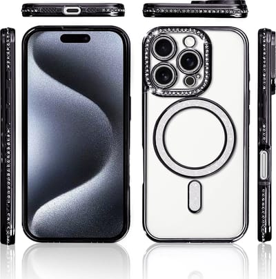 Hoesje Geschikt voor iPhone 15 Pro Magsafe hoes Lens beschermer Zwart – Luxe bling sprankelende diamant backcover