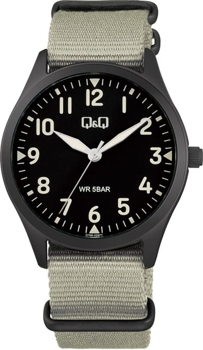 Q&Q-herenhorloge-zwart-nato band-nylon-5 atm waterdicht-duidelijke wijzerplaat-stoer jongens/heren model-diameter 39 mm