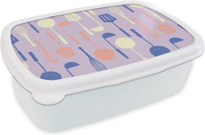 Broodtrommel Wit - Lunchbox - Brooddoos - Patronen - Keukengerei - Spatel - Garde - 18x12x6 cm - Volwassenen