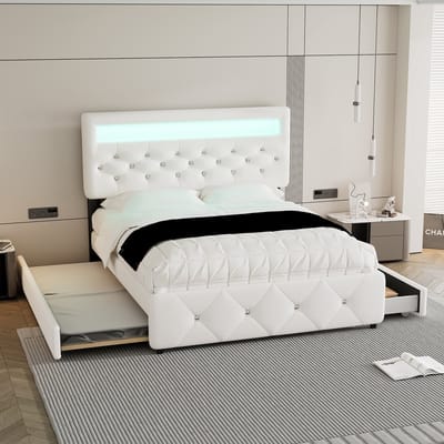 DESMIU Gestoffeerd Bed 140x200cm – Bed Met Uitschuifbed En 2 Laden – Met Verstelbaar Hoofdbord En Lampenstrook – Voor Slaapkamer En Logeerkamer – Wit – Zonder Matras