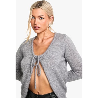 boohoo Dames Glitter gebreide top met strikdetail aan de voorkant | Silver | Maat: Medium