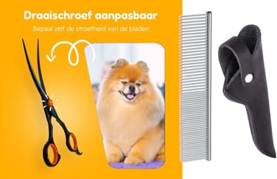 Professionele Hondenschaar – Ergonomische Kromme Trimschaar Rechts – Oranje/Zwart – Voor Vacht- & Pootverzorging met Luxe Lederen Etui – 16,5 cm – Zwart + Anti-Klit Kam – Pijnloos & Huisdiervriendelijk