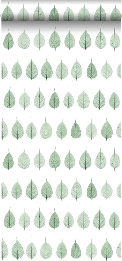 ESTAhome behang skeletbladeren tropisch junglegroen en mat wit - 53 cm x 10.05 m - 128847