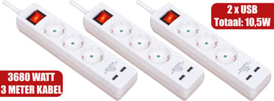 Stekkerdoos met USB en Schakelaar 3-voudig - 2 x USB - 3 Meter Verlengsnoer - TUV-GS - Penaarde Randaarde - Kindveilig - Max. 3500W - Wit - Voordeelverpakking van 3 Stuks