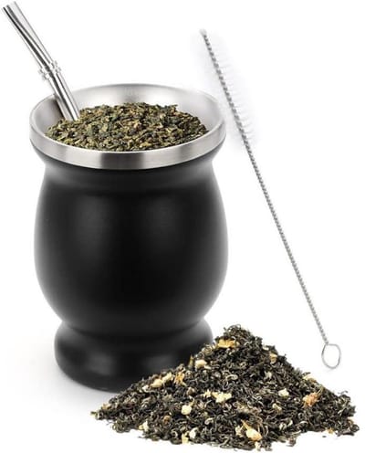 GELLDG Mate theekopje - Roestvrij staal - 230 ml/8 oz - Dubbelwandig - Inclusief rietje en schoonmaakborstel - Geschikt voor koffie, wijn en sap - Zwart