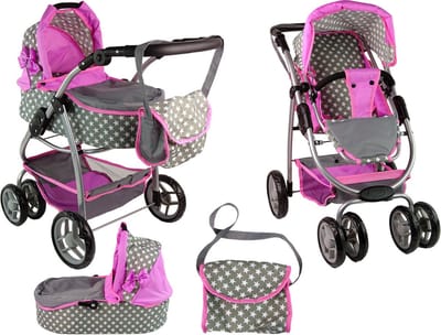 2-in-1 Poppenwagen met tas - Grijs, roze, wit met sterren - Kinderwagen en reiswieg voor poppen tot 40 cm - Geschikt vanaf 3 jaar