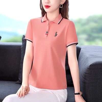 Nieuw Zomer Poloshirt met Revers voor Dames Zomer Korte Mouw Losse Casual Moeder Top Grote Maat T-shirt 4XL pink