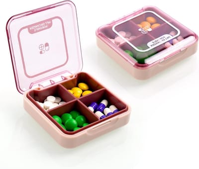 Pillendoos Organizer voor Medicijnen, 4 Compartimenten, Draagbare Opbergdoos voor Vitamines, Supplementen en Reismedicijnen (Paars)