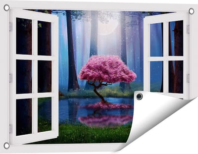 Gards Tuinposter Doorkijk Roze Boom op een Vijver in de Nacht - 60x40 cm - Tuindoek - Tuindecoratie - Wanddecoratie buiten - Tuinschilderij